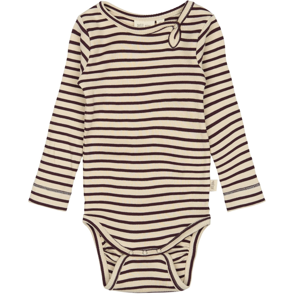 PETIT PIAO Body L/S Modal Striped Bodystockings Dark Grape/off white