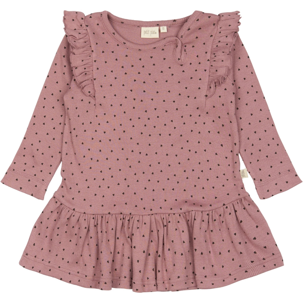 PETIT PIAO Dress L/S Frill Modal heart Kjoler Nostalgic Rose/Coffee Bean