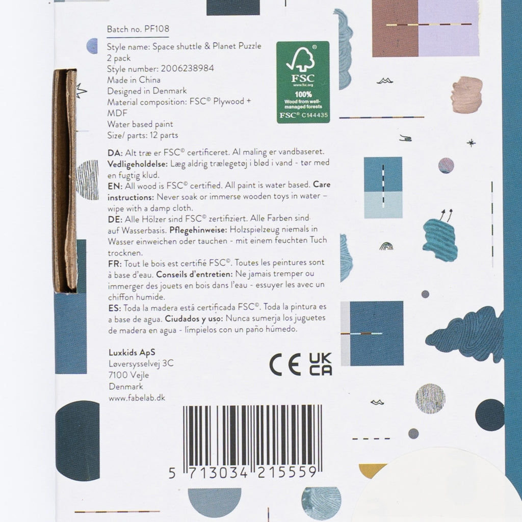 Fabelab Space shuttle & Planet Puzzle - 2 Pack - Wood Wooden Toys