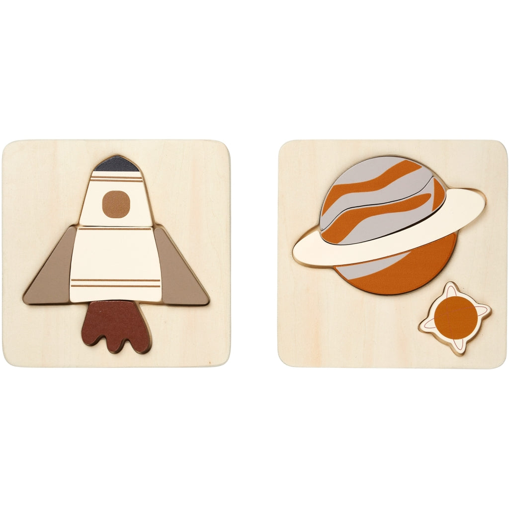 Fabelab Space shuttle & Planet Puzzle - 2 Pack - Wood Wooden Toys Multi Colours