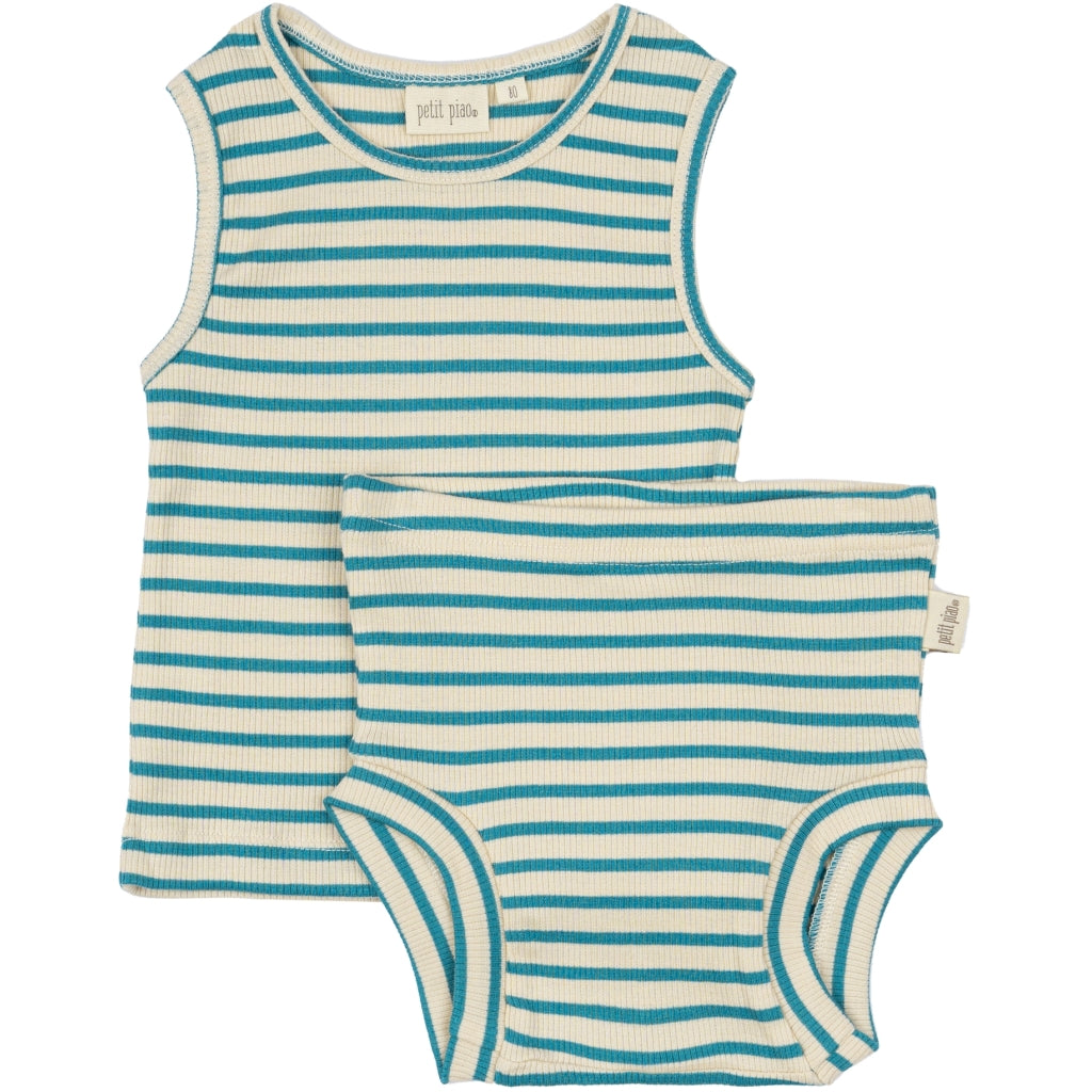 PETIT PIAO Underwear Set Modal Striped Undertøj Turquise /Dark off white