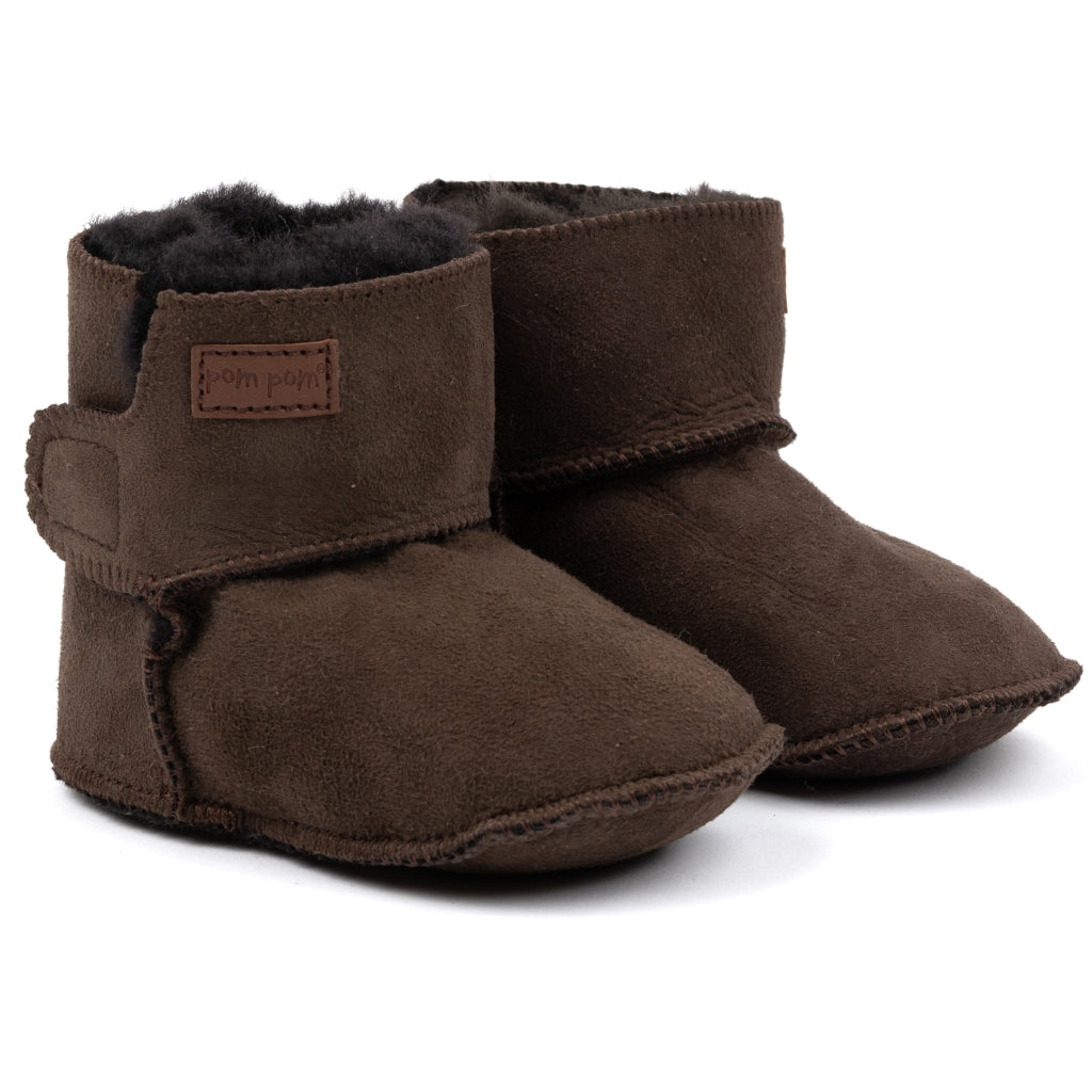 POM POM Baby Boot Sheepskin Slippers Dark Brown