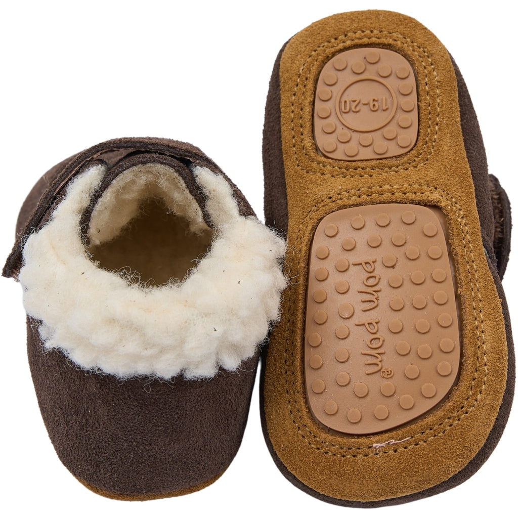 POM POM Beginners Velcro Shepherd Slippers Dark Brown