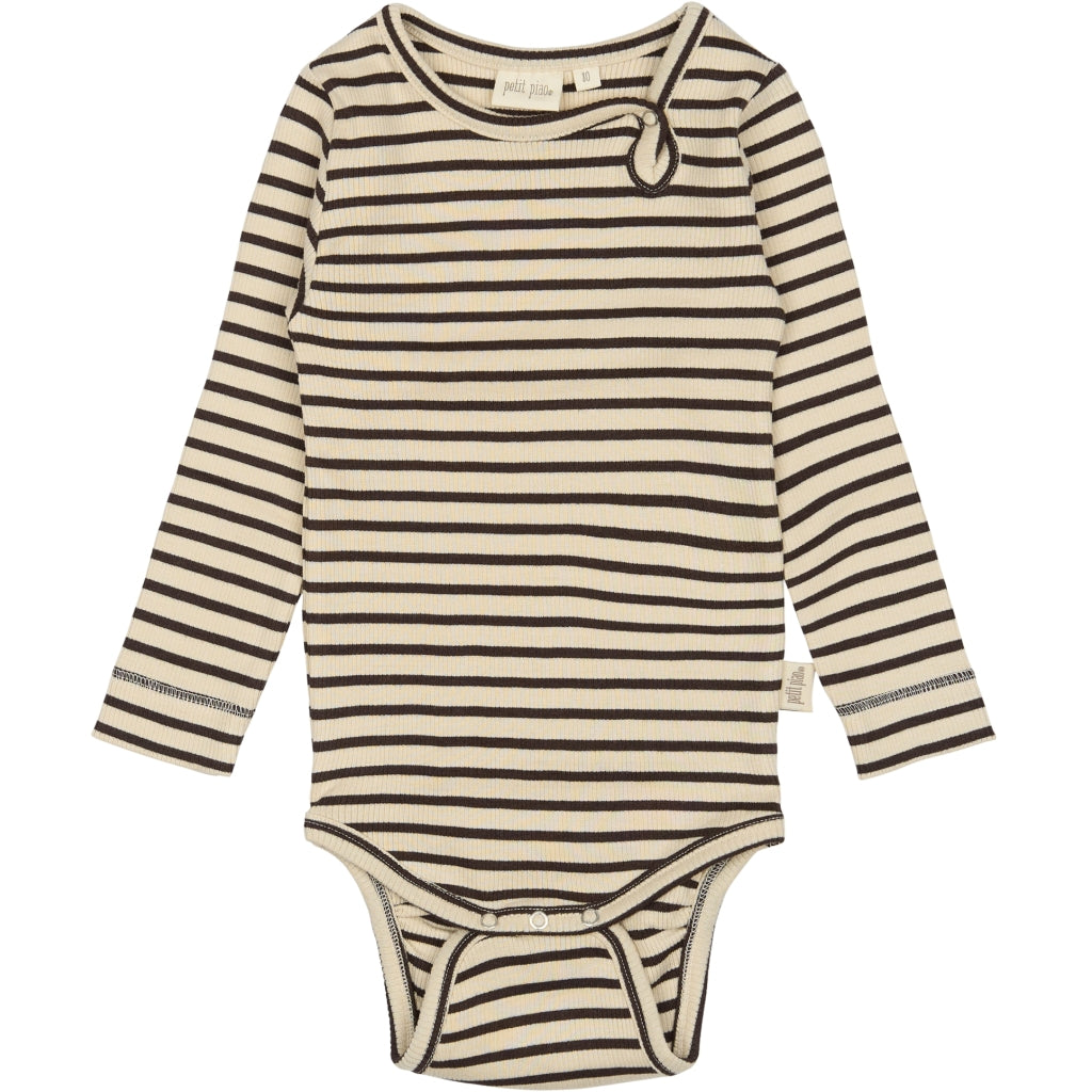 PETIT PIAO Body L/S Modal Striped Bodystockings Coffee bean/off white