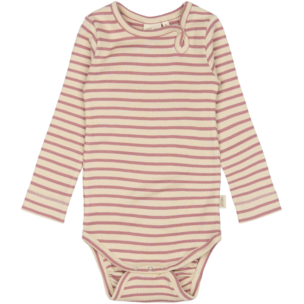 PETIT PIAO Body L/S Modal Striped Bodystockings Nostalgic Rose/off white