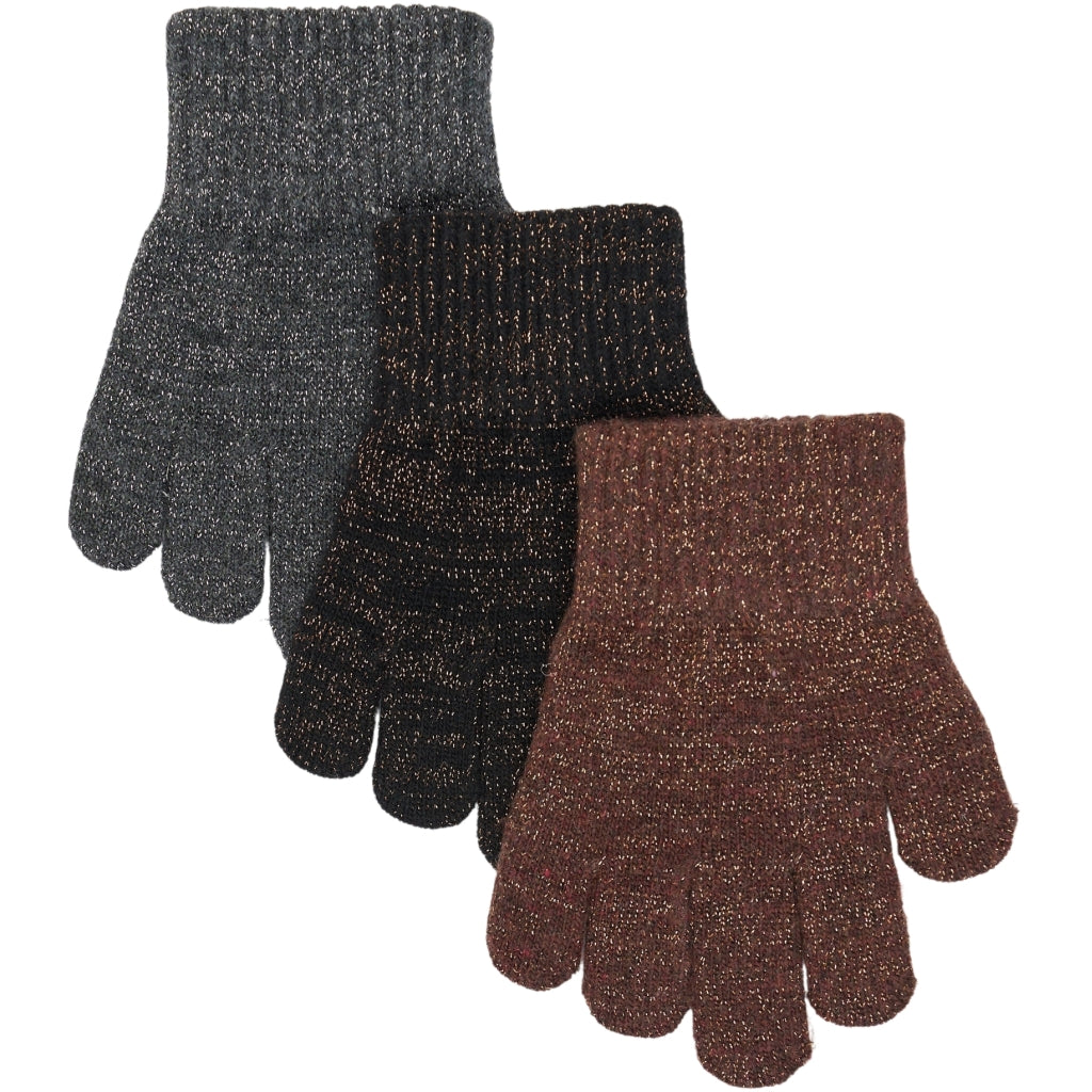 Mikk-Line MAGIC Strik Handsker Glitter 3-Pak Accessories French Roast-Black-Antrazite