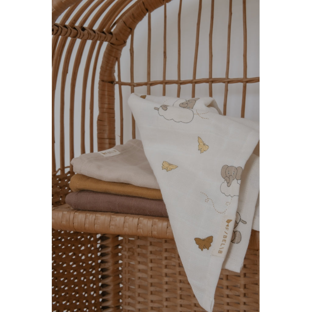 Fabelab Muslin Cloth 4-pack - Elephant On The Air Swaddles & Muslin Cloths Oxford Tan