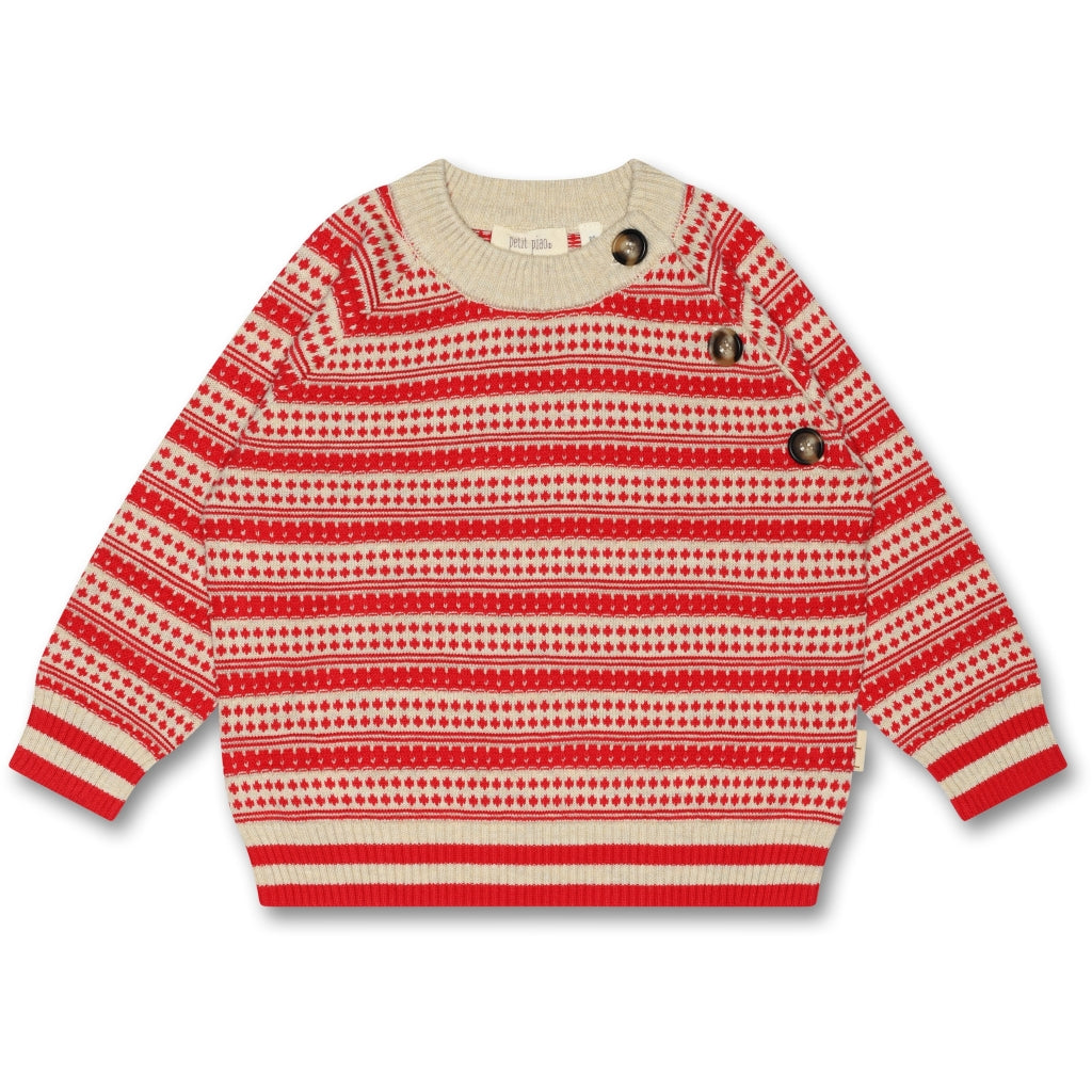 PETIT PIAO O-Neck Light Nordic Knit Sweater Strik Off White/ Bright Red
