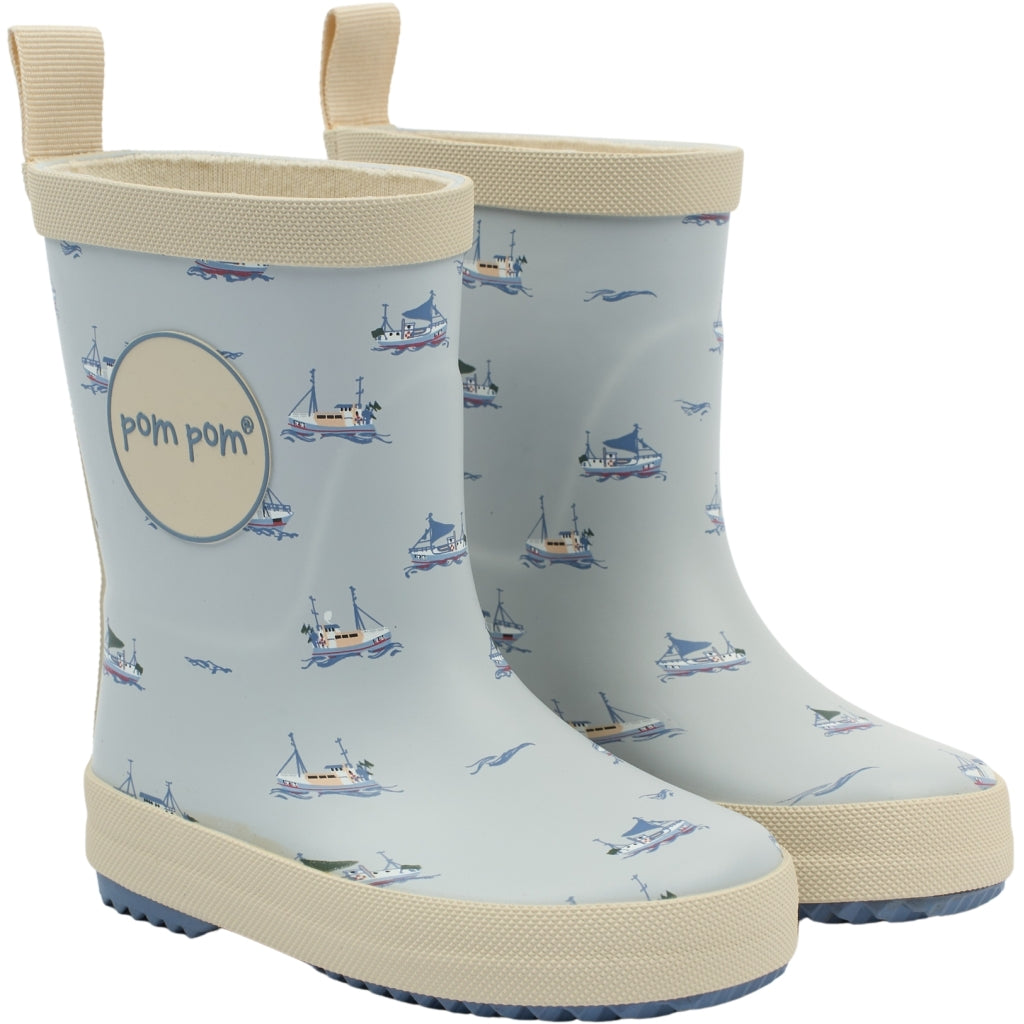 POM POM PMBliss Gumboots AOP Rubber Boots Pearl Blue Boat AOP
