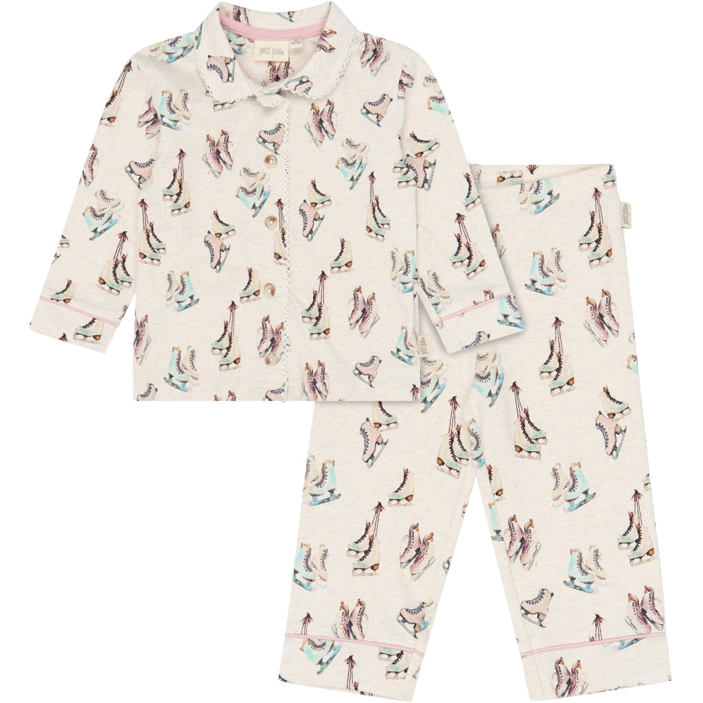 PETIT PIAO PPBlizz Girls Pyjamas Set Langærmet bluse Eggnog Melange Ice Skate AOP