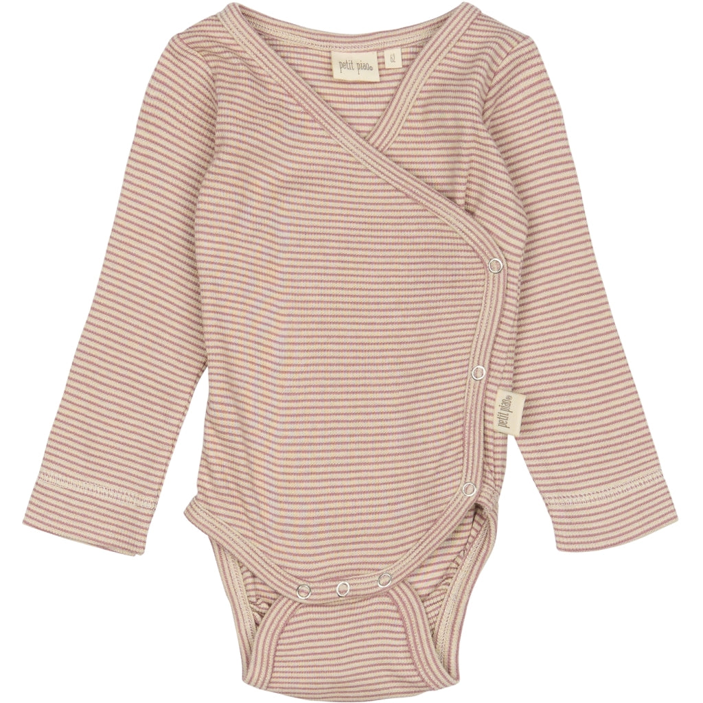 PETIT PIAO PPDian Body L/S fold over stripe NB NOOS Bodystockings Nostalgic Rose/Dark Off White