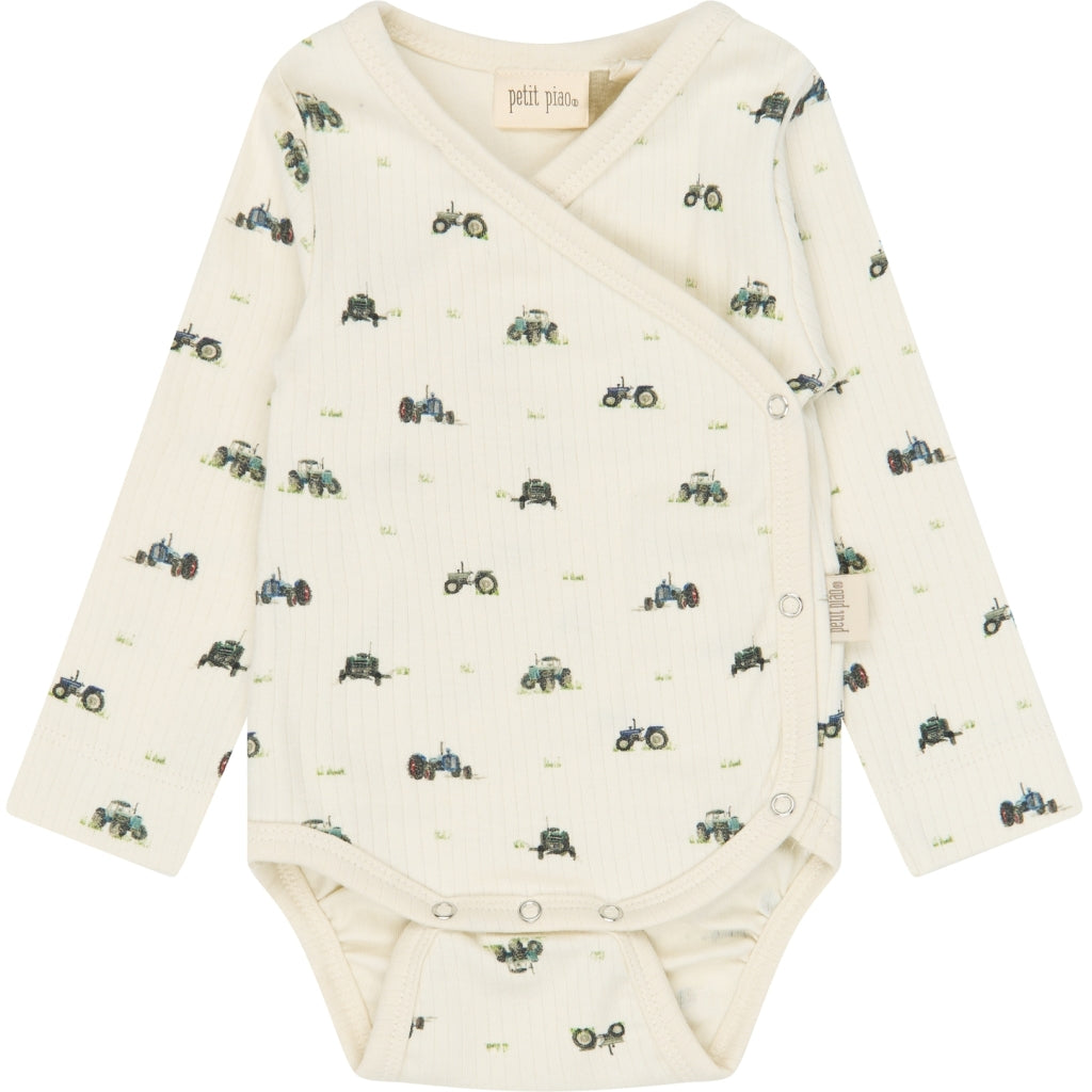 PETIT PIAO PPDinn L_S Body Fold Pointelle NB Bodystockings Eggnog Tractor AOP